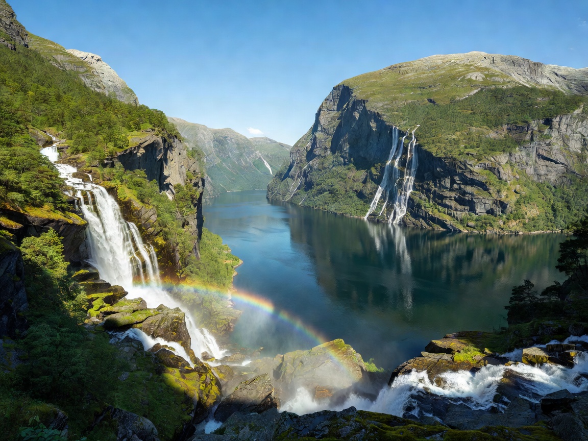 Breathtaking panorama of Geirangerfjord Norway cliffs and waterfalls