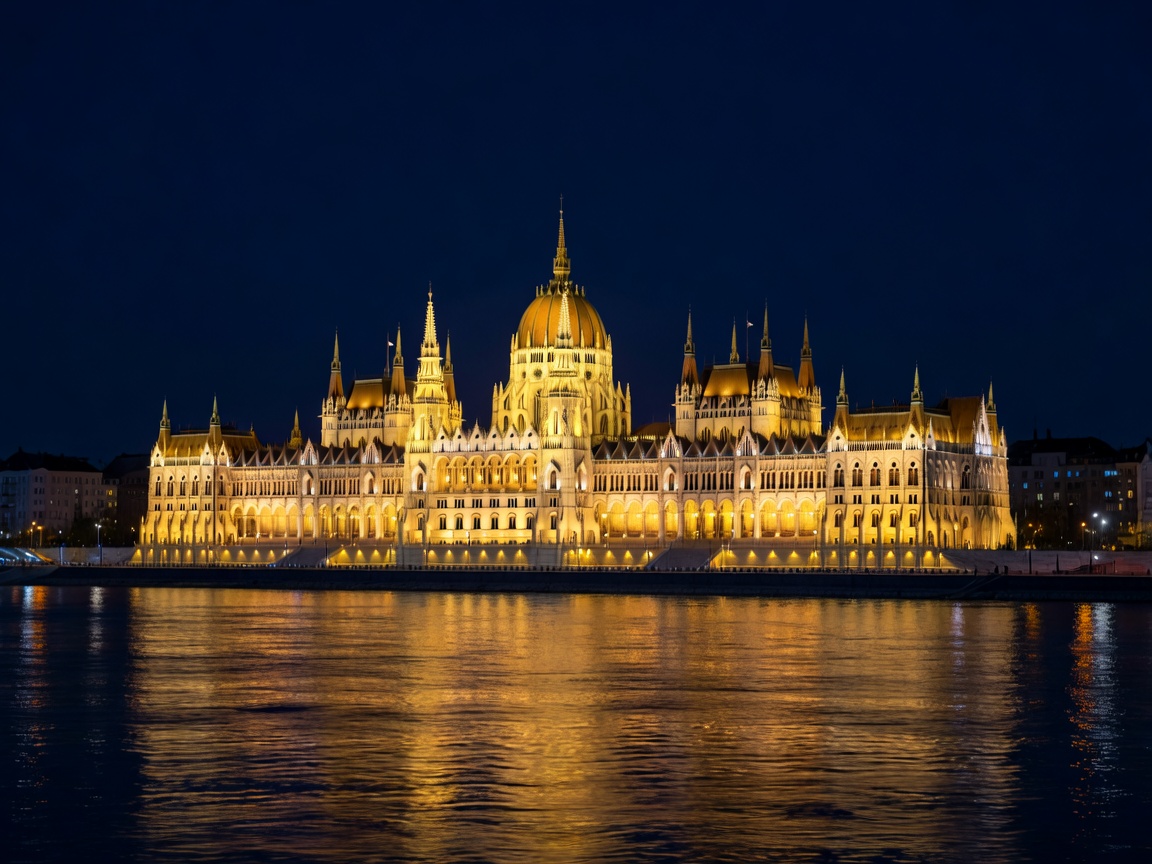Budapest Parliament Building illuminated over the Danube River