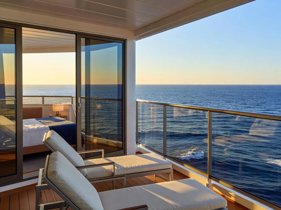Cruise ship cabin balcony overlooking the ocean