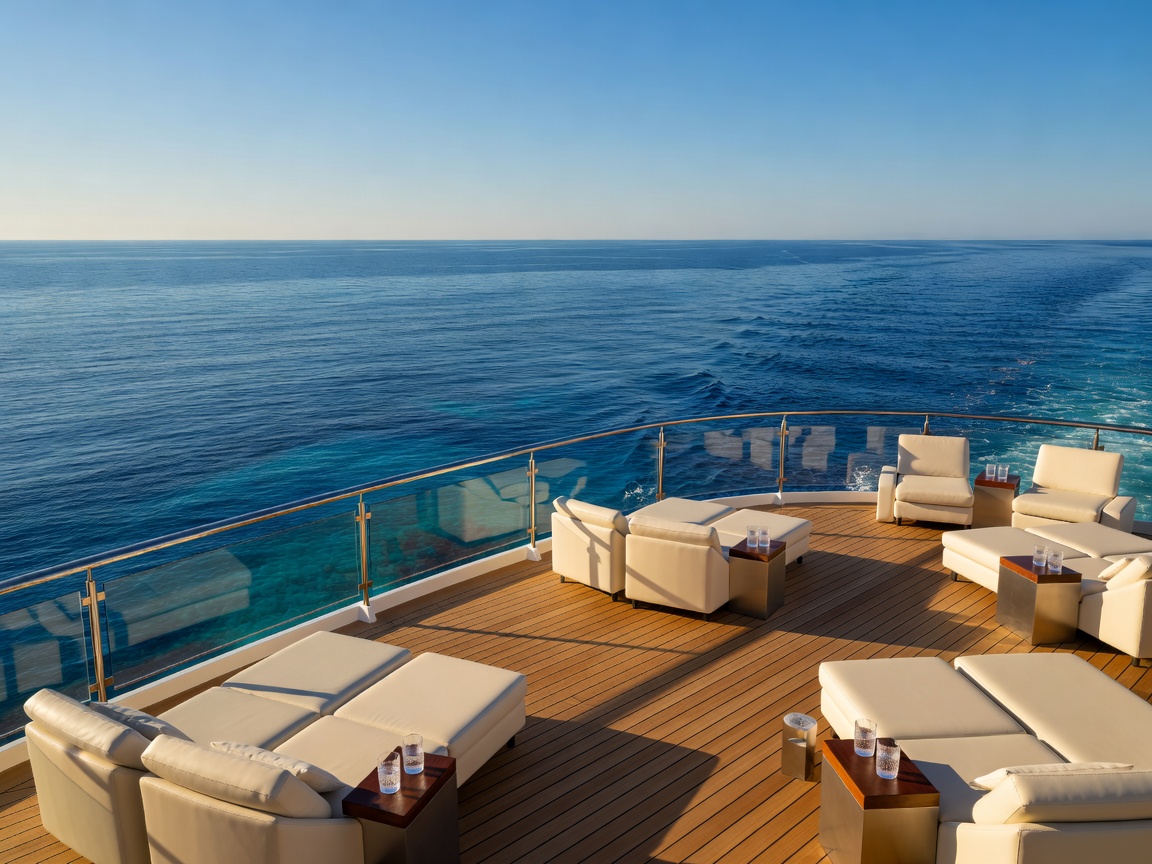Luxury cruise ship deck looking over clear blue Mediterranean sea