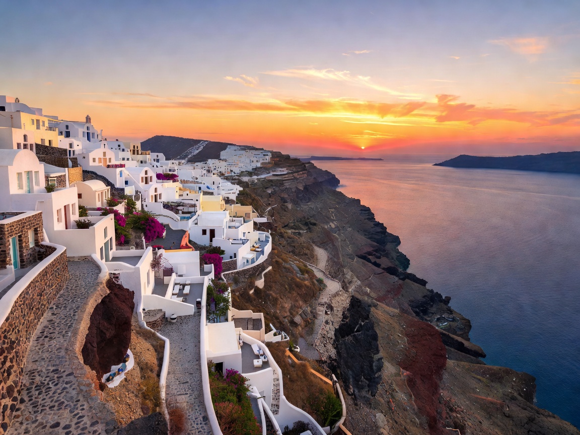 Santorini cliffside white buildings and Aegean Sea sunset