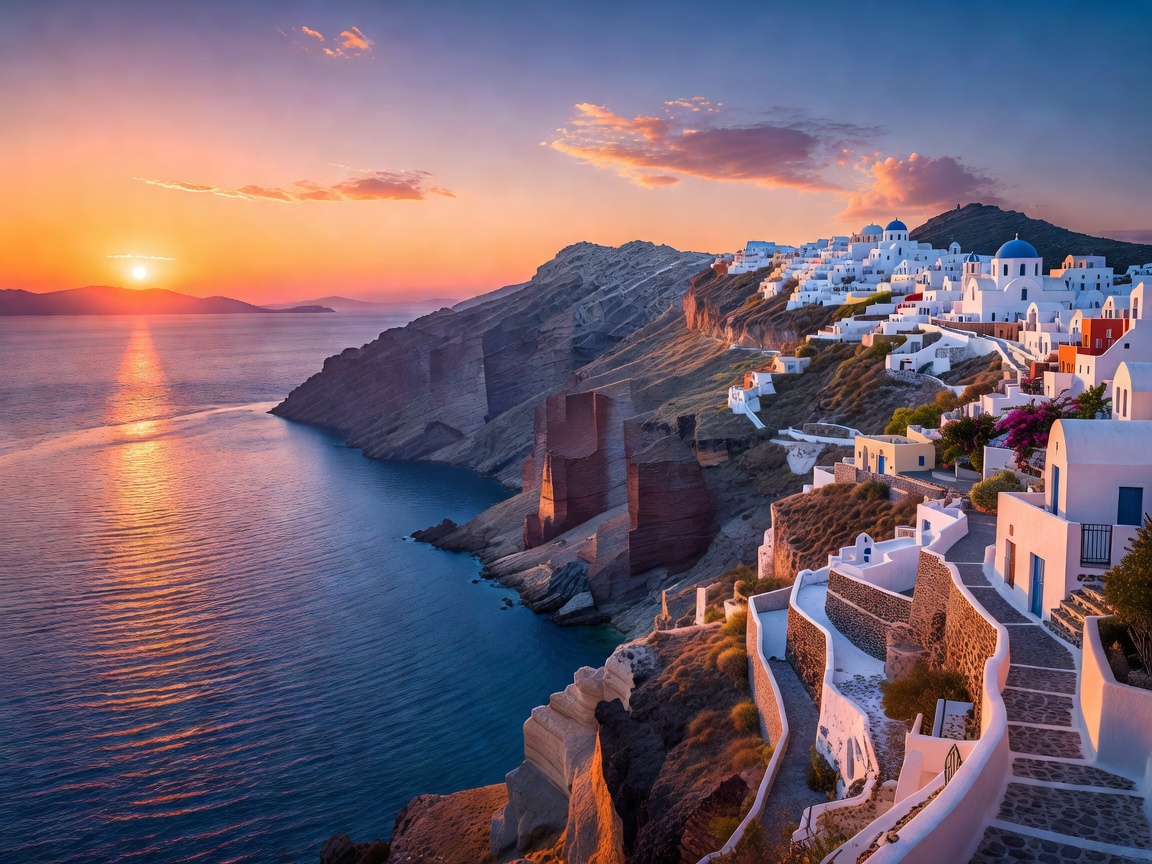 Santorini Greek island caldera sunset with Mediterranean blue sea