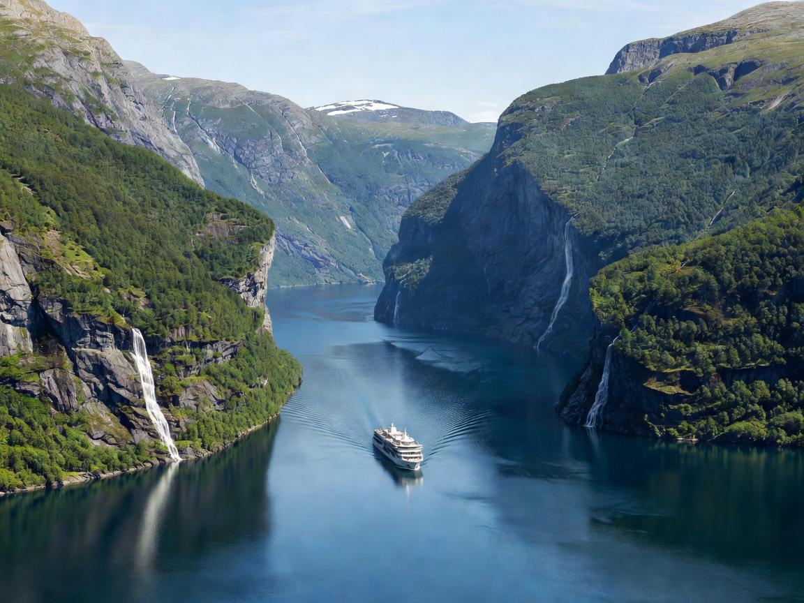 Scenic view of Geirangerfjord Norway with cruise vessel navigating calm waters